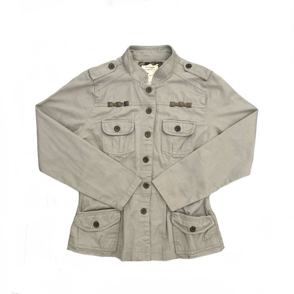 Prototype Utility Jacket Juniors L Women S Beige Cotton Military‎ Style Pockets